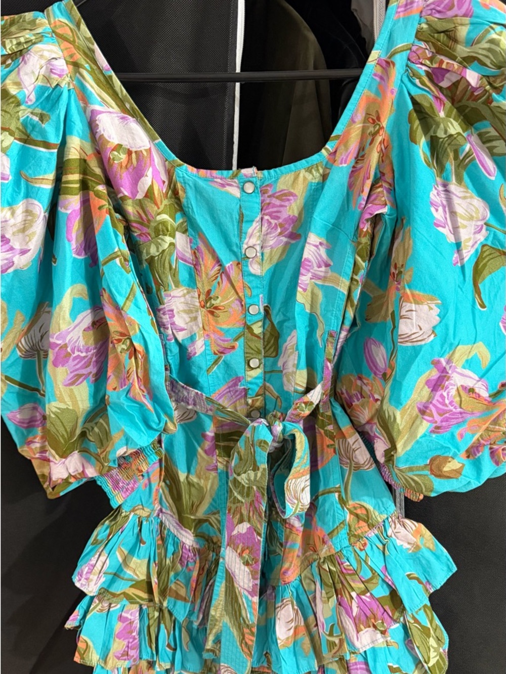 Floral Puff-Sleeve Midi Dress in Turquoise
